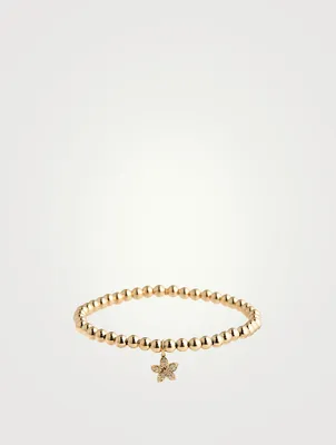 14K Gold Beaded Bracelet With Small 14K Gold Diamond Plumeria Charm