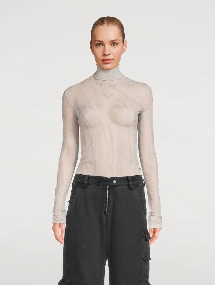 Sheer Turtleneck Swirl Print