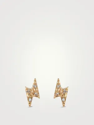 Mini Aztec 14K Gold Lightning Bolt Stud Earrings With Diamonds