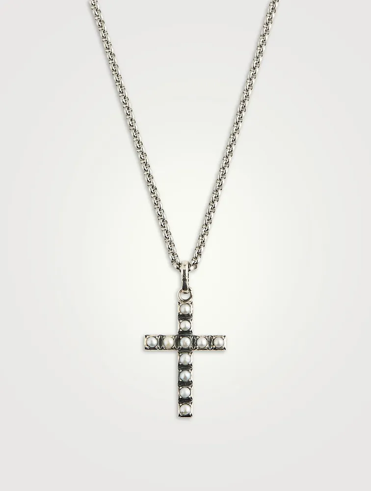 Silver Pearl Cross Pendant Necklace