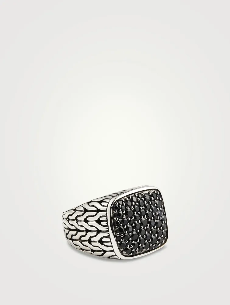 Silver Carved Chain Signet Ring With Black Sapphire