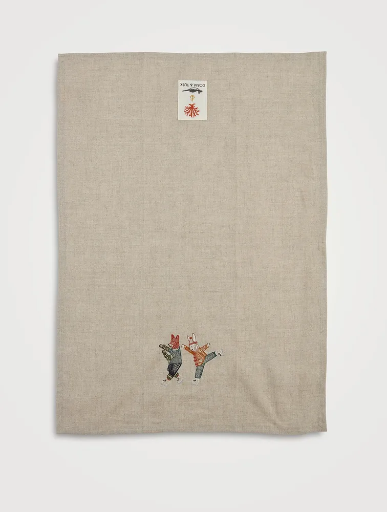 Ice Skater Bunny And Fox Tea Towel
