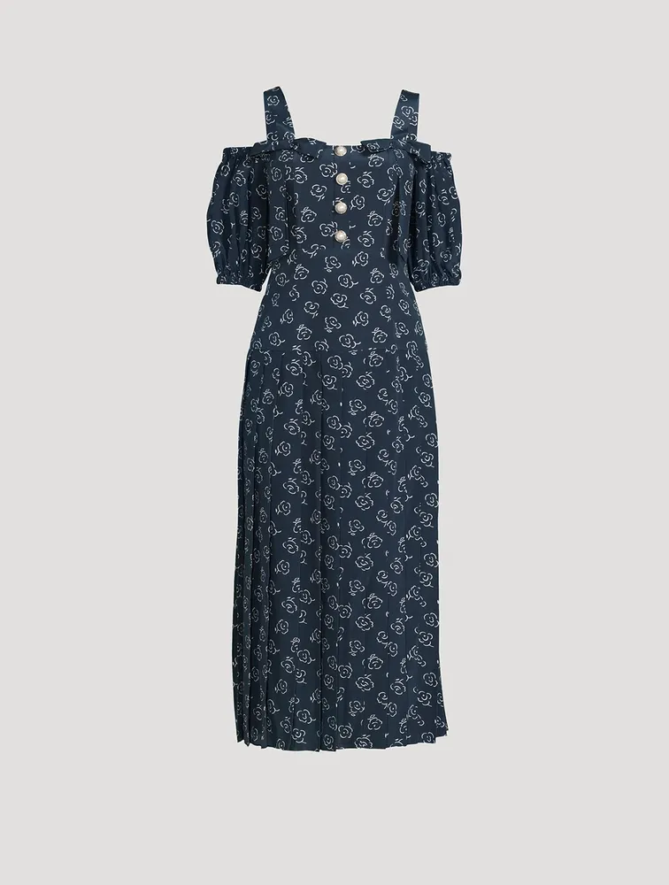 Off-The-Shoulder Silk Dress Floral Print
