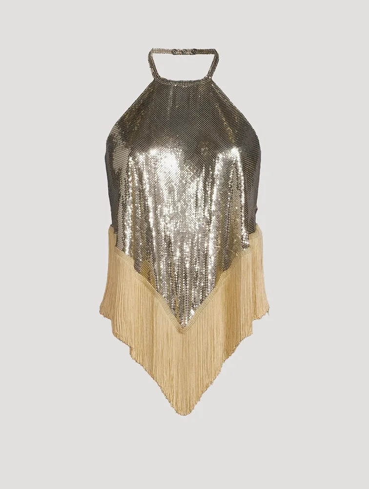 Fringed-Trimmed Metal Mesh Halter Top