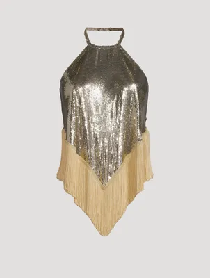 Fringed-Trimmed Metal Mesh Halter Top