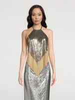 Fringed-Trimmed Metal Mesh Halter Top