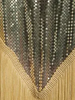 Fringed-Trimmed Metal Mesh Halter Top