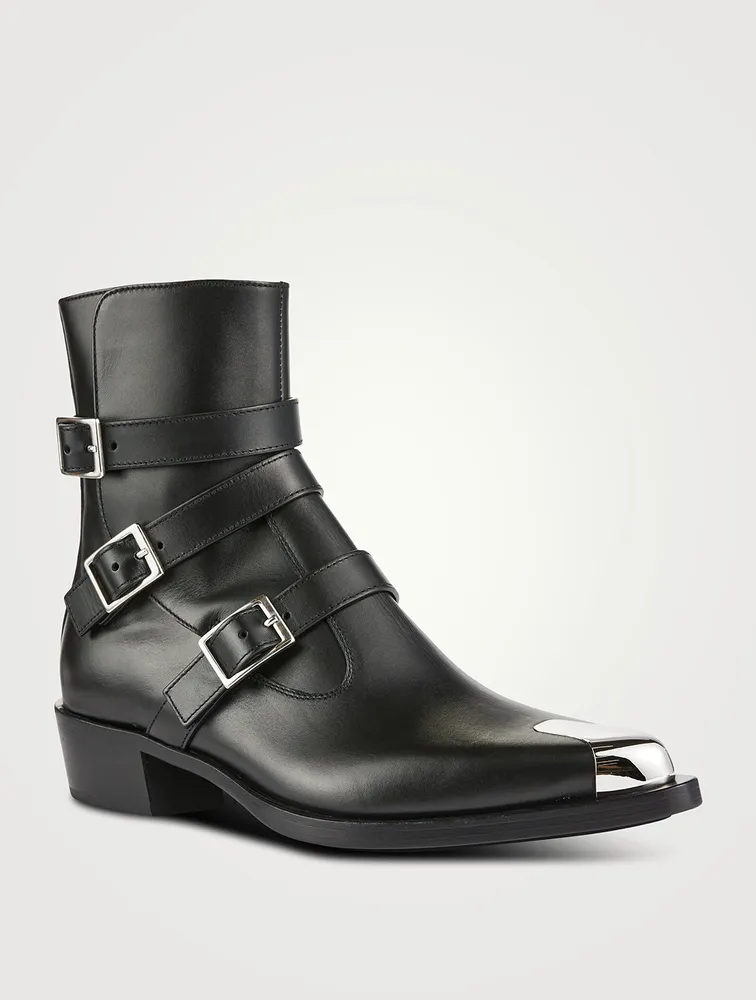 Punk Leather Boots With Triple Strap