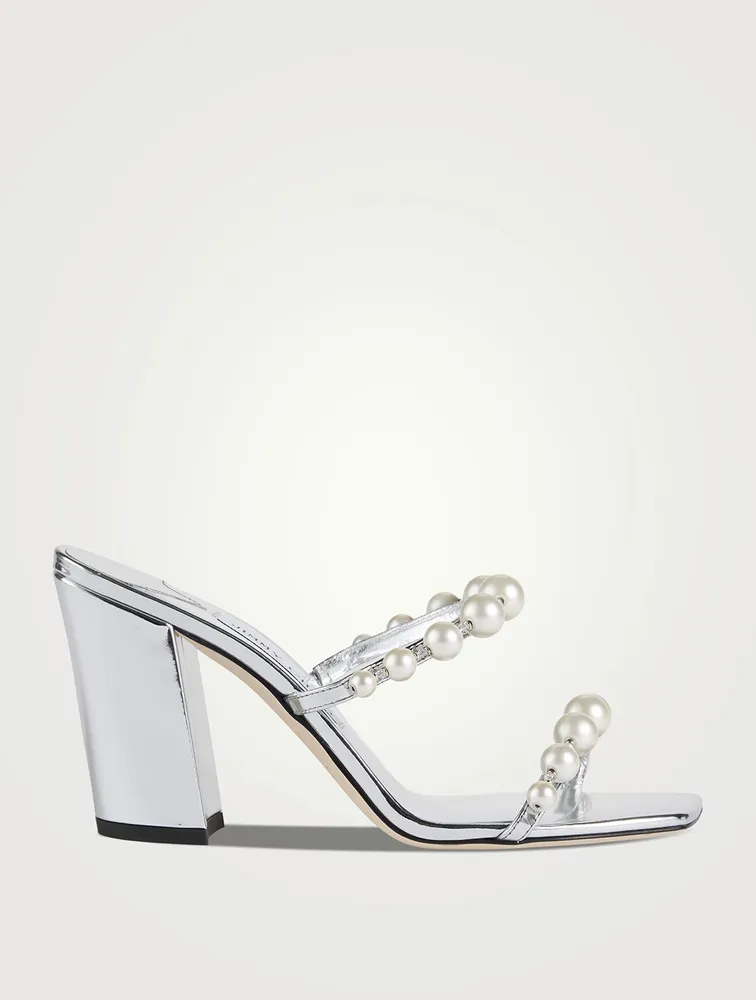 Amara Pearl-Embellished Metallic Leather Mules
