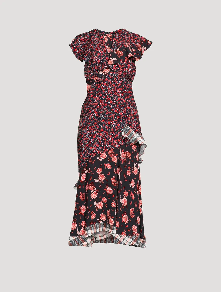 Floral Collage Ruffled Midi Dress