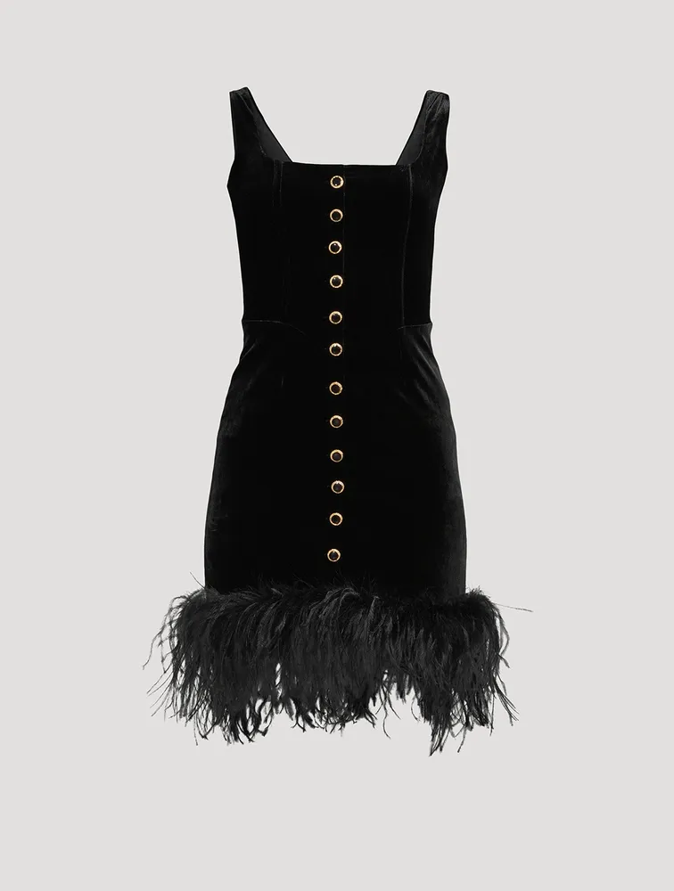 Feather-Trimmed Velvet Mini Dress