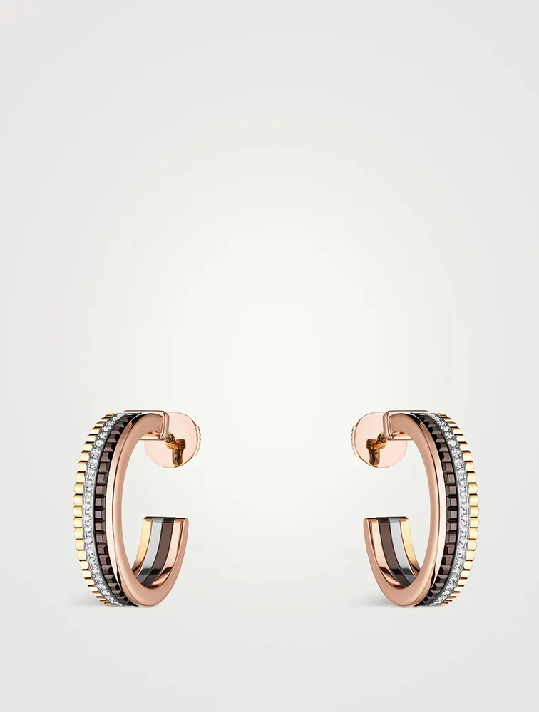 XS Motif Quatre Classique 18K Gold Hoop Earrings With Brown PVD And Diamonds