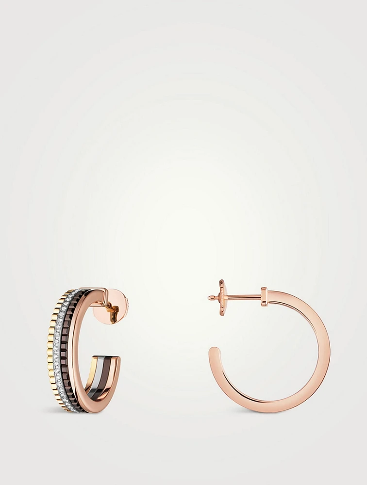 XS Motif Quatre Classique 18K Gold Hoop Earrings With Brown PVD And Diamonds