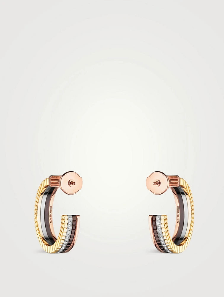 XS Motif Quatre Classique 18K Gold Hoop Earrings With Brown PVD And Diamonds