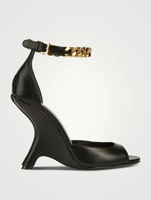 Leather Wedge Sandals With Ankle Chain