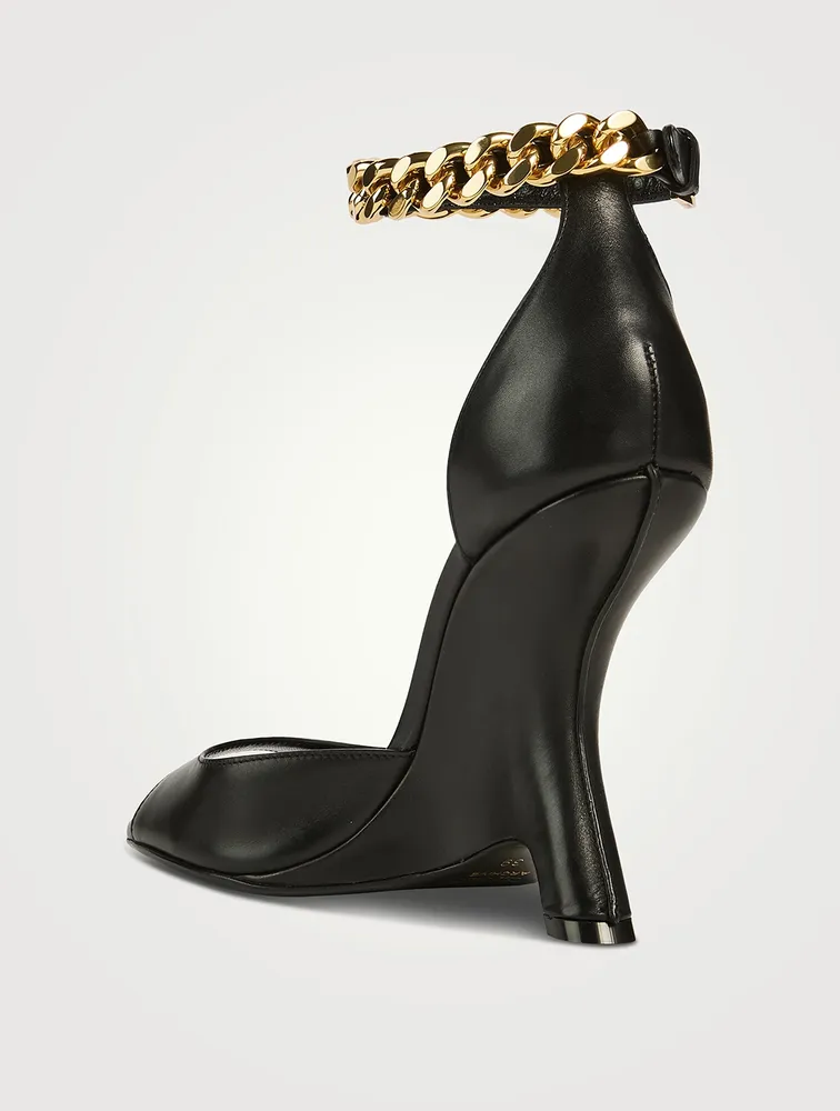 Leather Wedge Sandals With Ankle Chain