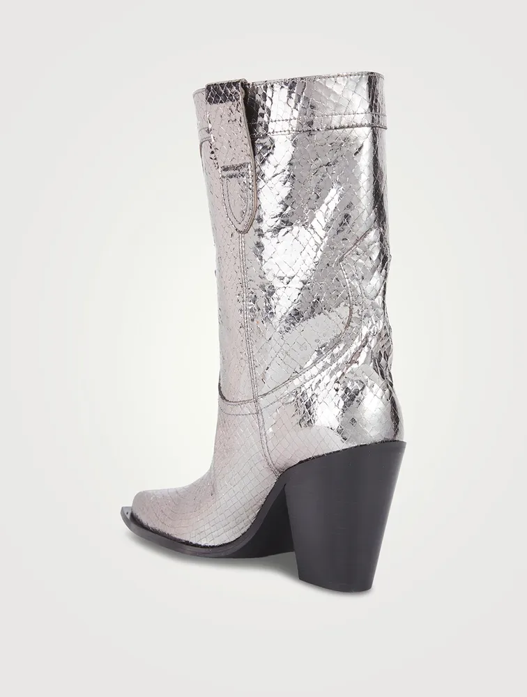 Metallic Lizard-Embossed Leather Western Boots