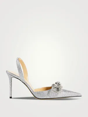 Double Bow Crystal-Embellished Glitter Slingback Pumps