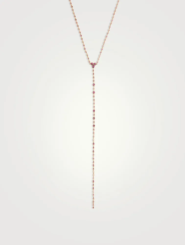 18K Gold Infinity Station Lariat Necklace With Pink Sapphire