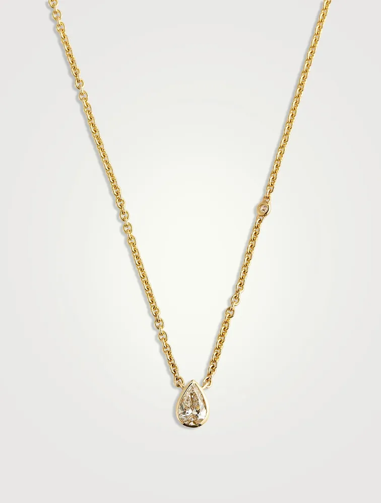 18K Gold Diamond Bezel Pear Pendant Necklace