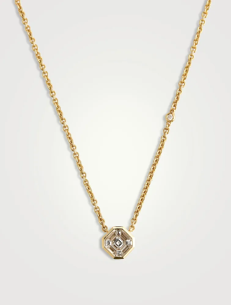 18K Gold Diamond Radiant Illusion Pendant Necklace