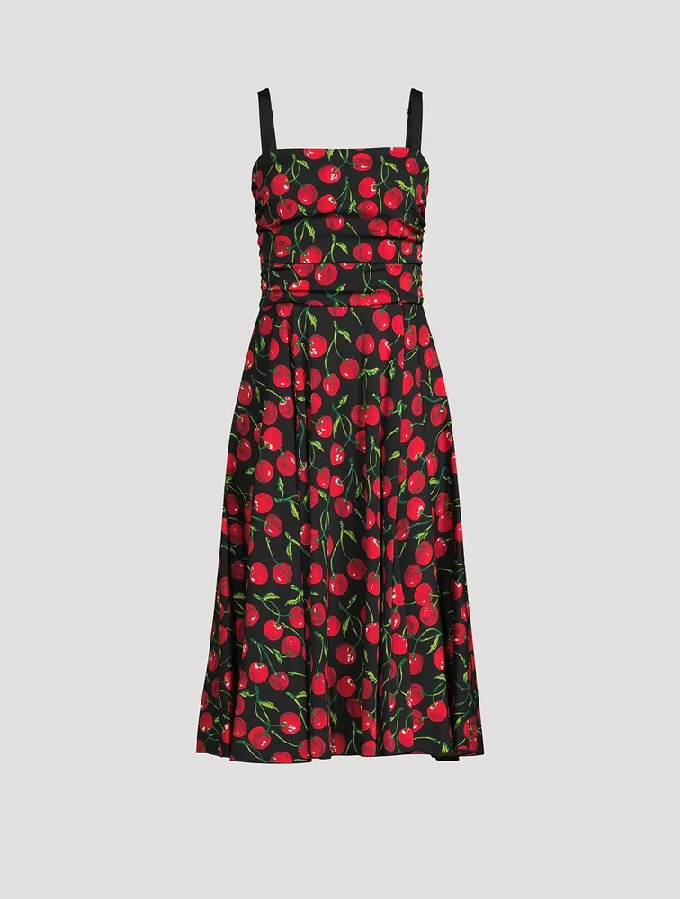 Stretch-Silk Midi Dress Cherries Print