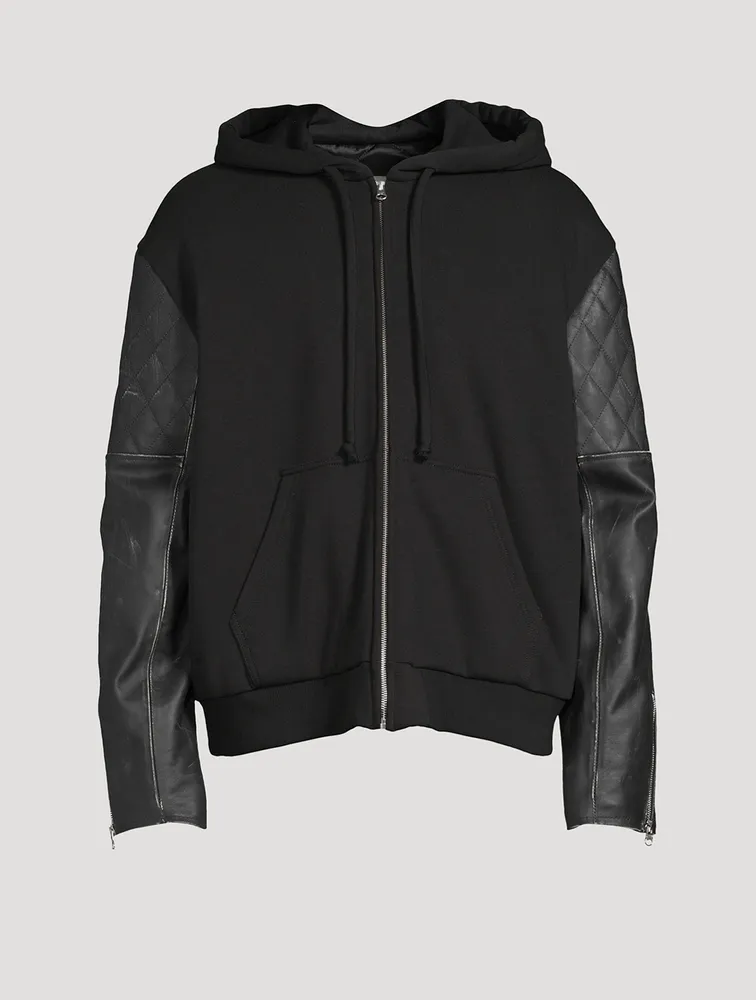 Zip Hoodie With Leather Sleeve