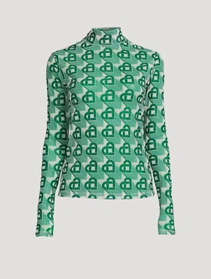 Mesh Turtleneck Heart Monogram Print