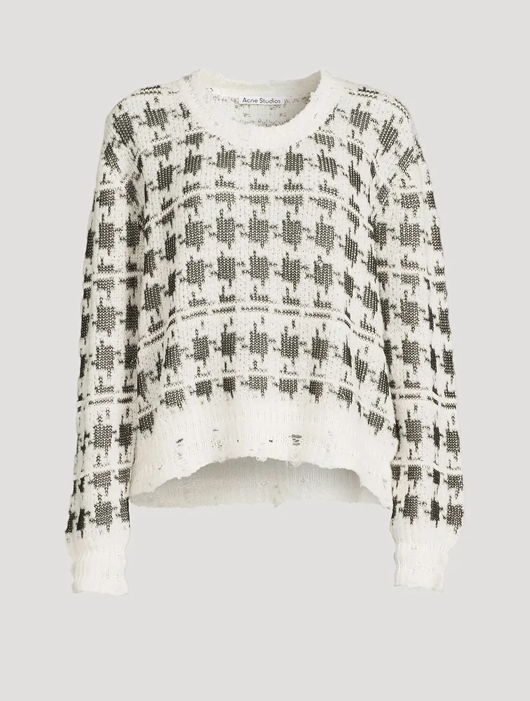 Houndstooth Jacquard Distressed Sweater