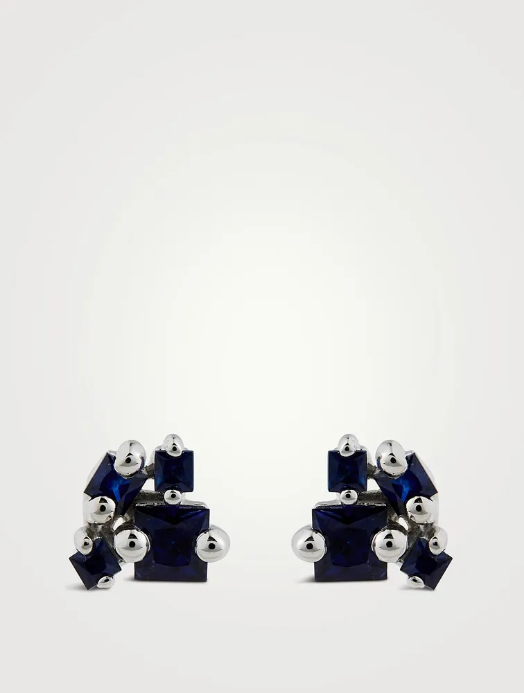 18K White Gold Princess-Cut Light Blue Sapphire Cluster Stud Earrings