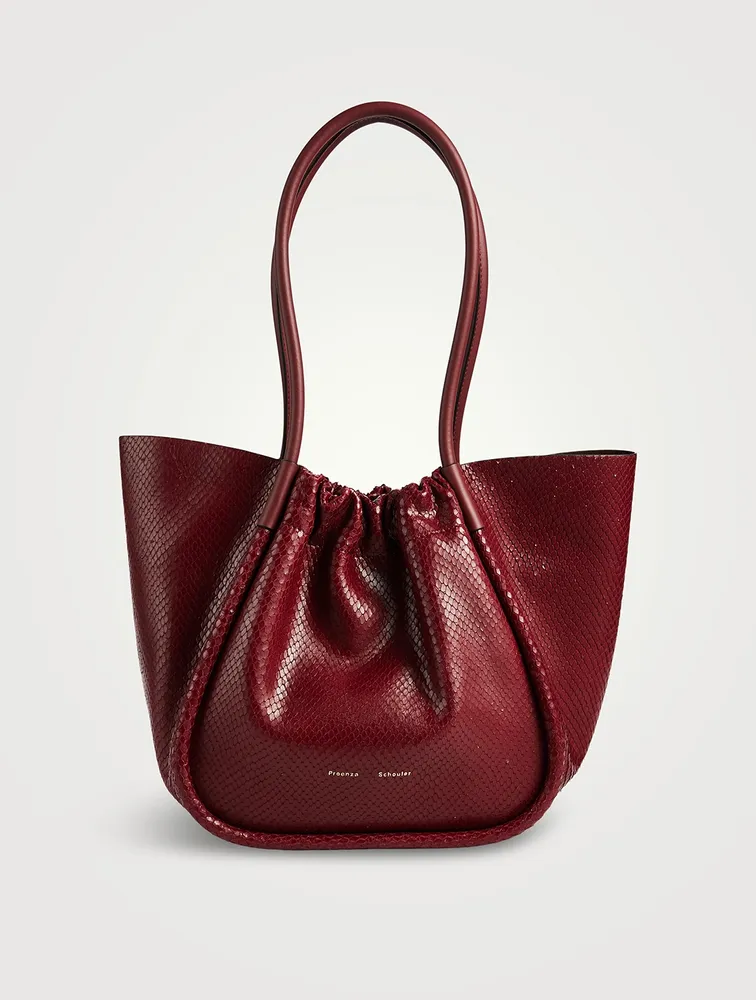 Large Ruched Python-Embossed Leather Tote Bag