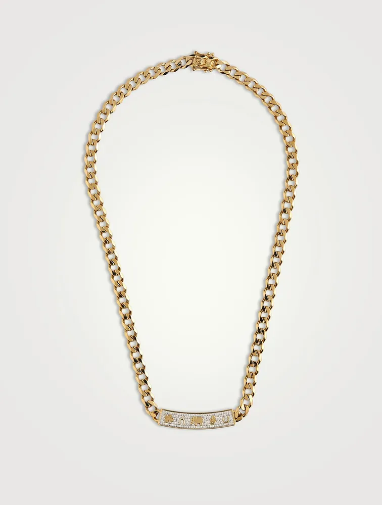 14K Gold Luck Icons Bar Necklace With Diamonds