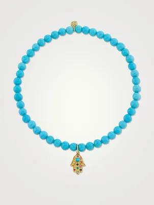 Beaded Turquoise Bracelet With 14K Gold Small Rainbow Hamsa Charm