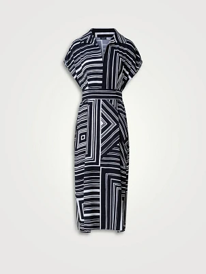 Silk Crepe Midi Dress Lines Print