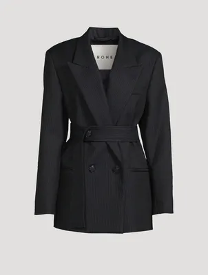 Double-Breasted Belted Wool Blazer Pinstripe Print