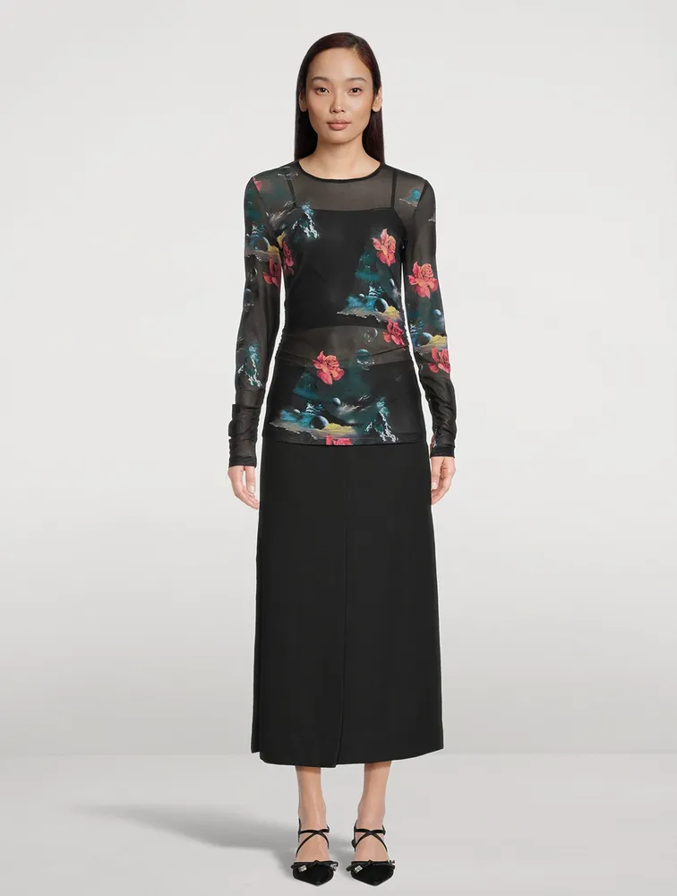 Mesh Printed Long-Sleeve Top