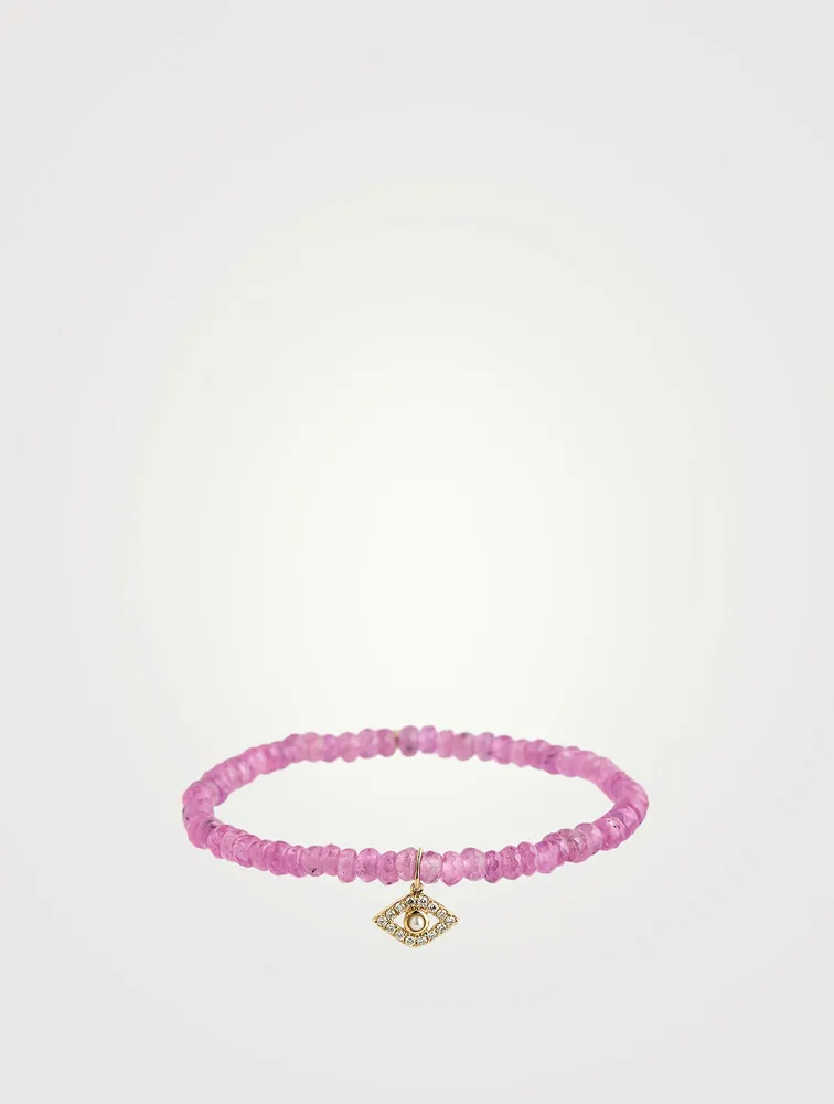 Pink Sapphire Beaded Bracelet With Gold And Diamond And Pearl Evil Eye Charm
