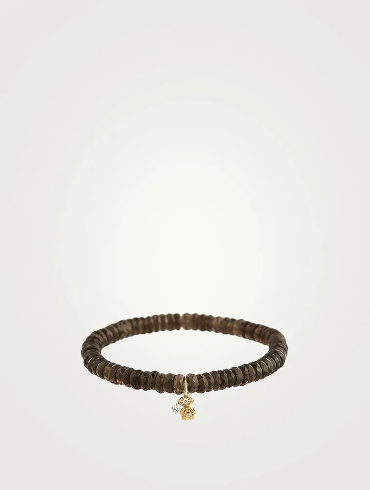 Smokey Topaz Beaded Bracelet With Gold And Diamond Rose Charm