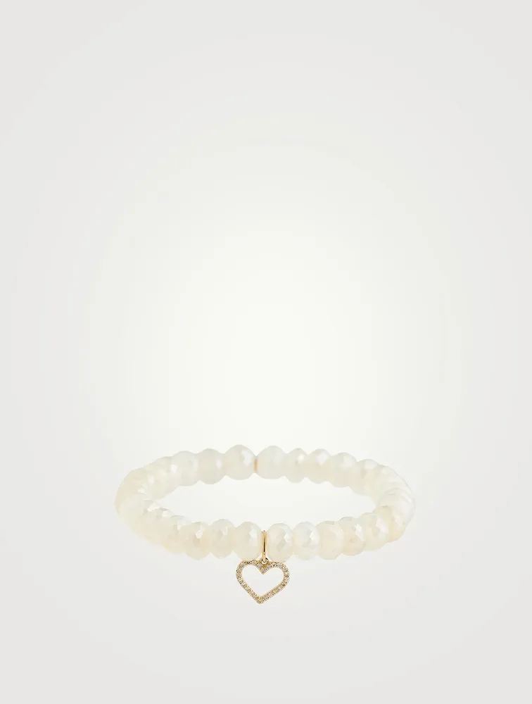 Champagne Chalcedony Beaded Bracelet With Gold And Diamond Heart Charm