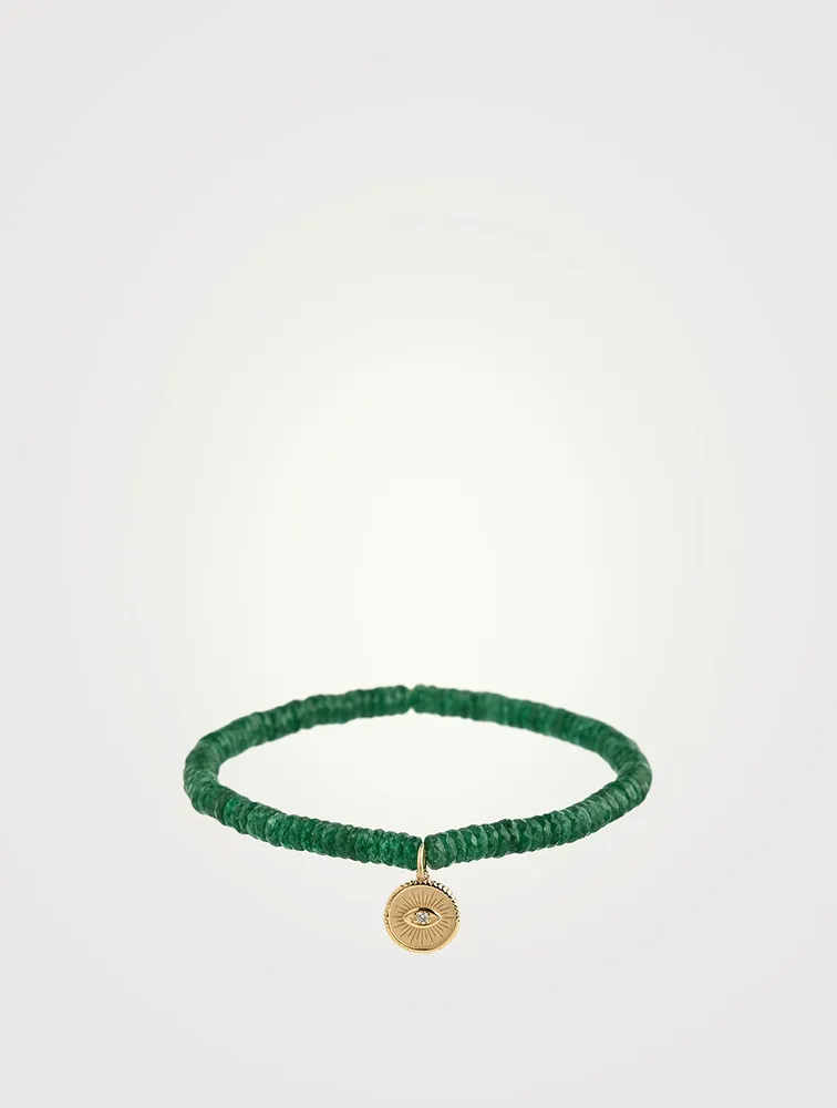 Aventurine Beaded Bracelet With Gold Diamond Eye Coin Charm