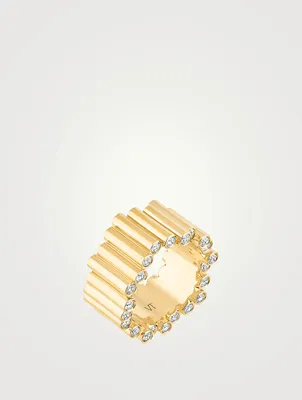 Large Edge 18K Gold Ring With Diamonds