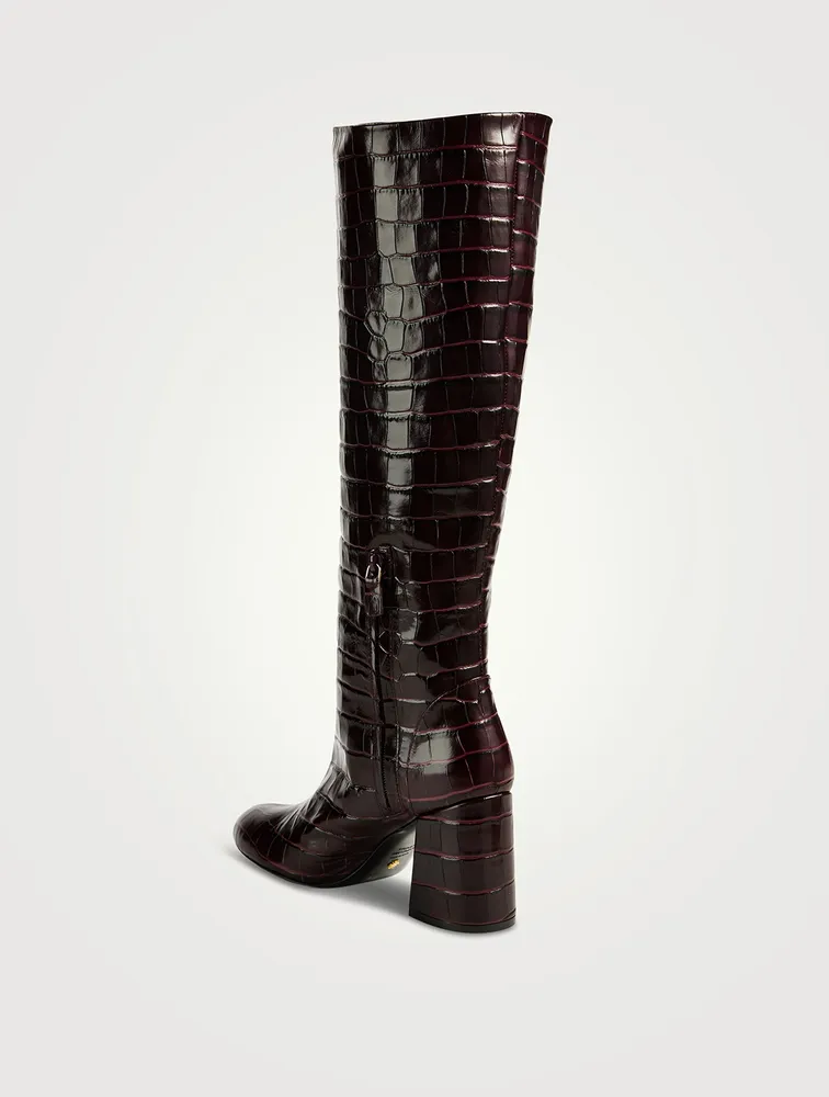 Flareblock Croc-Embossed Leather Knee-High Boots