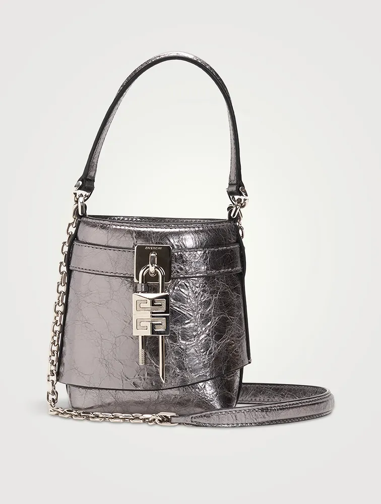 Micro Shark Lock Metallic Leather Bucket Bag
