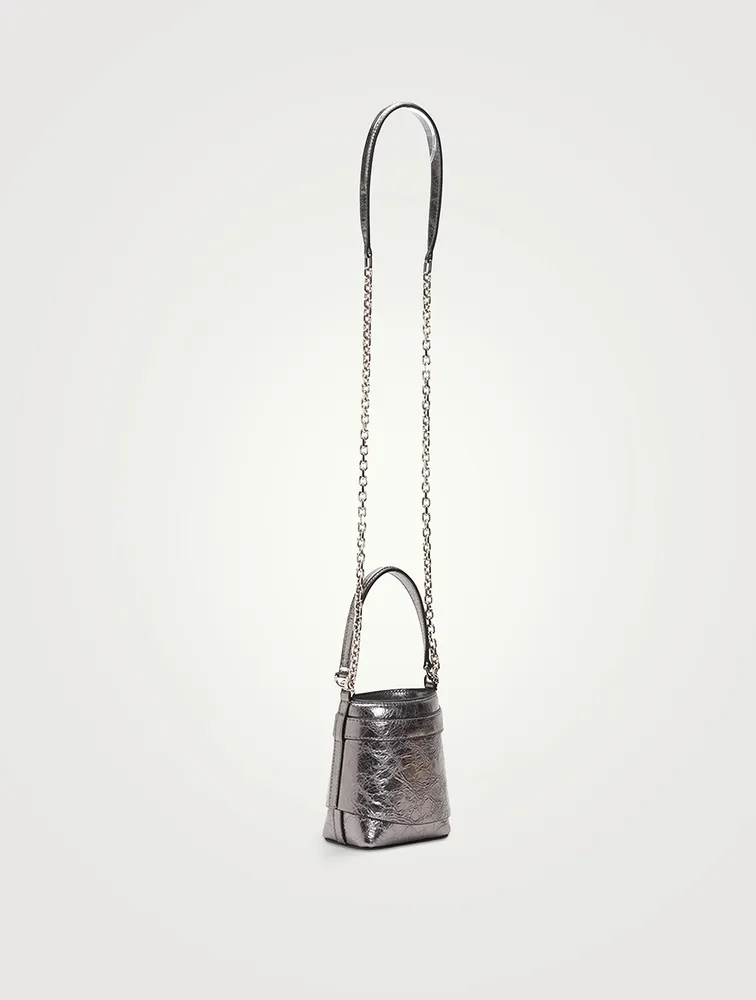 Micro Shark Lock Metallic Leather Bucket Bag