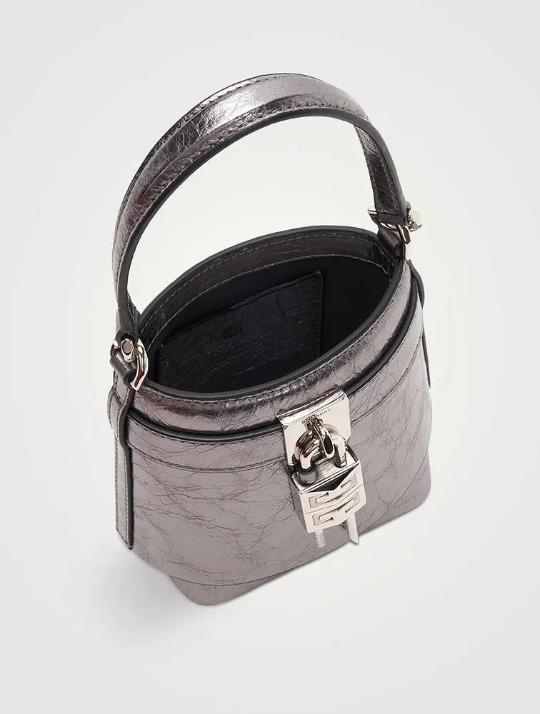 Micro Shark Lock Metallic Leather Bucket Bag