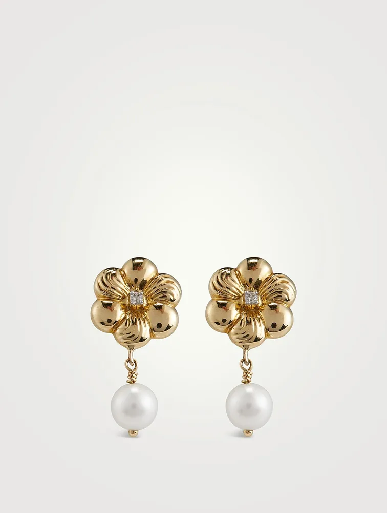 Gold Flo Pearl Drop Earrings