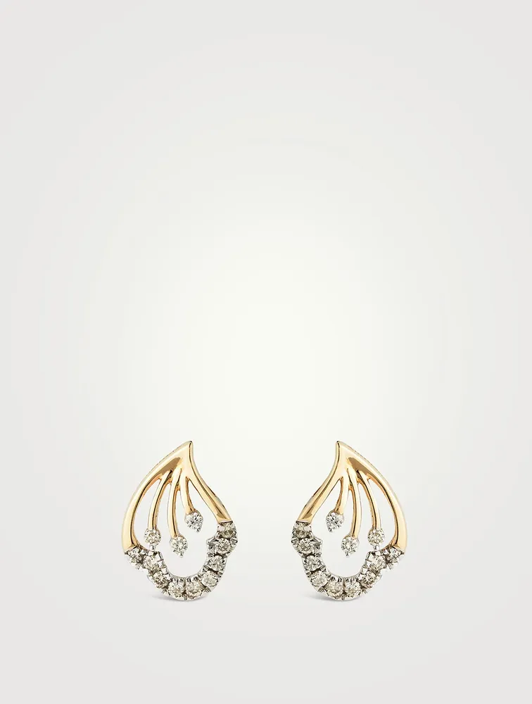 Gold Petal Stud Earrings With Gems