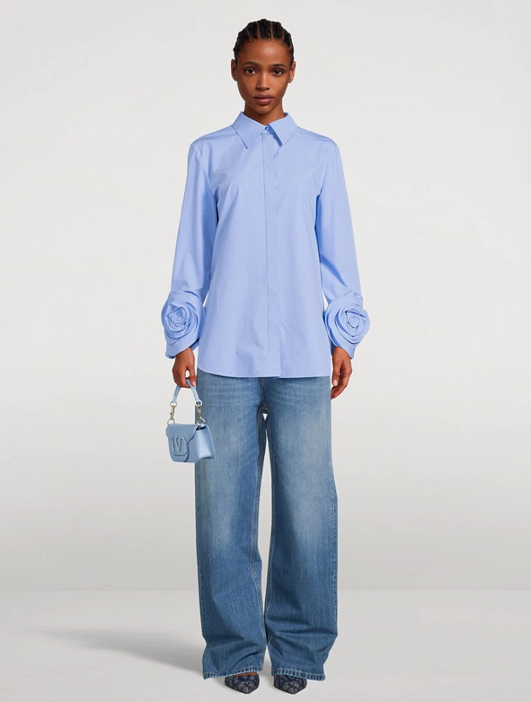 Compact Poplin Shirt With Rose Appliqué