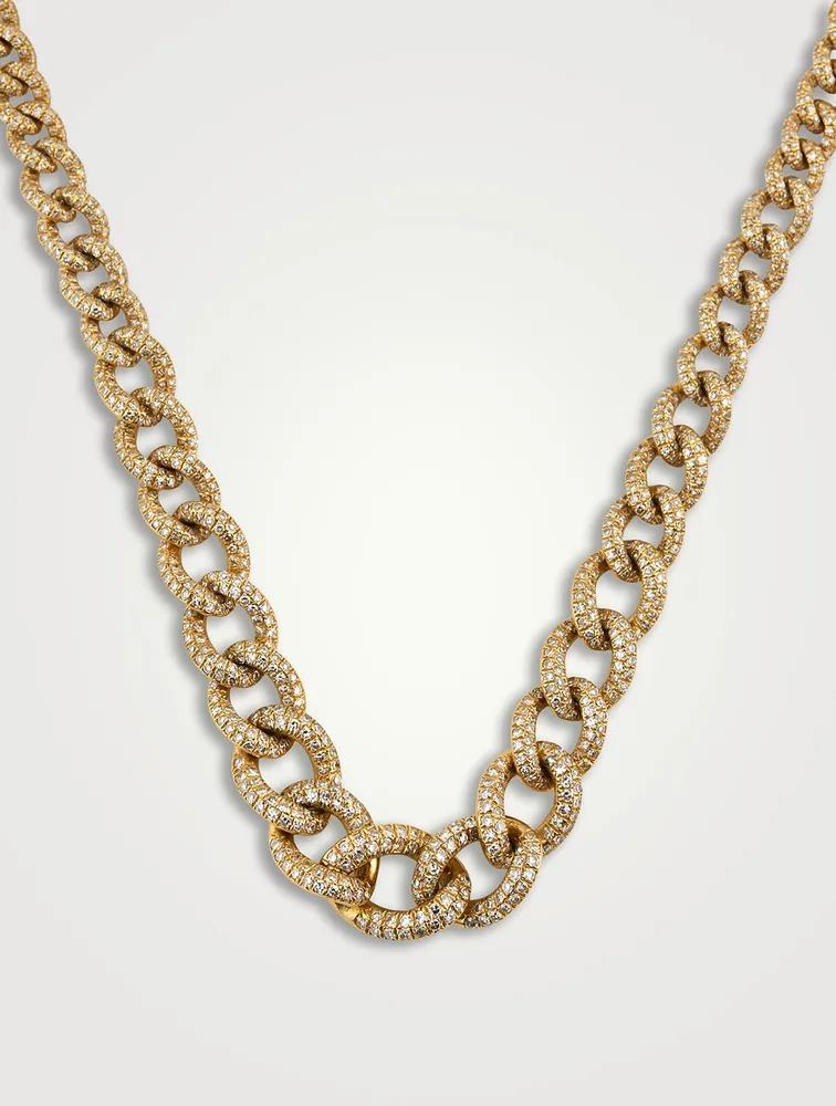 18K Gold Graduated Curb Chain Necklace With Diamonds