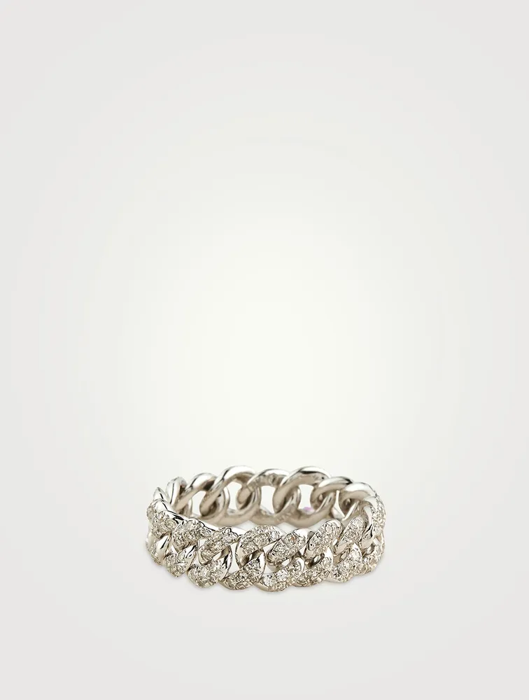 18K White Gold Mini Link Ring With Pave Diamonds